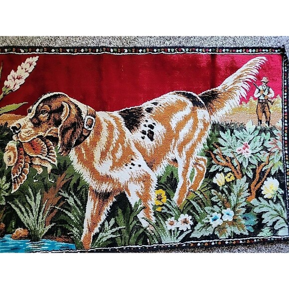 VTG Pointer Dog Bird Hunt Scene Tapestry Rug Rayon Cotton 38x20" Man Cave Cabin - Picture 6 of 8